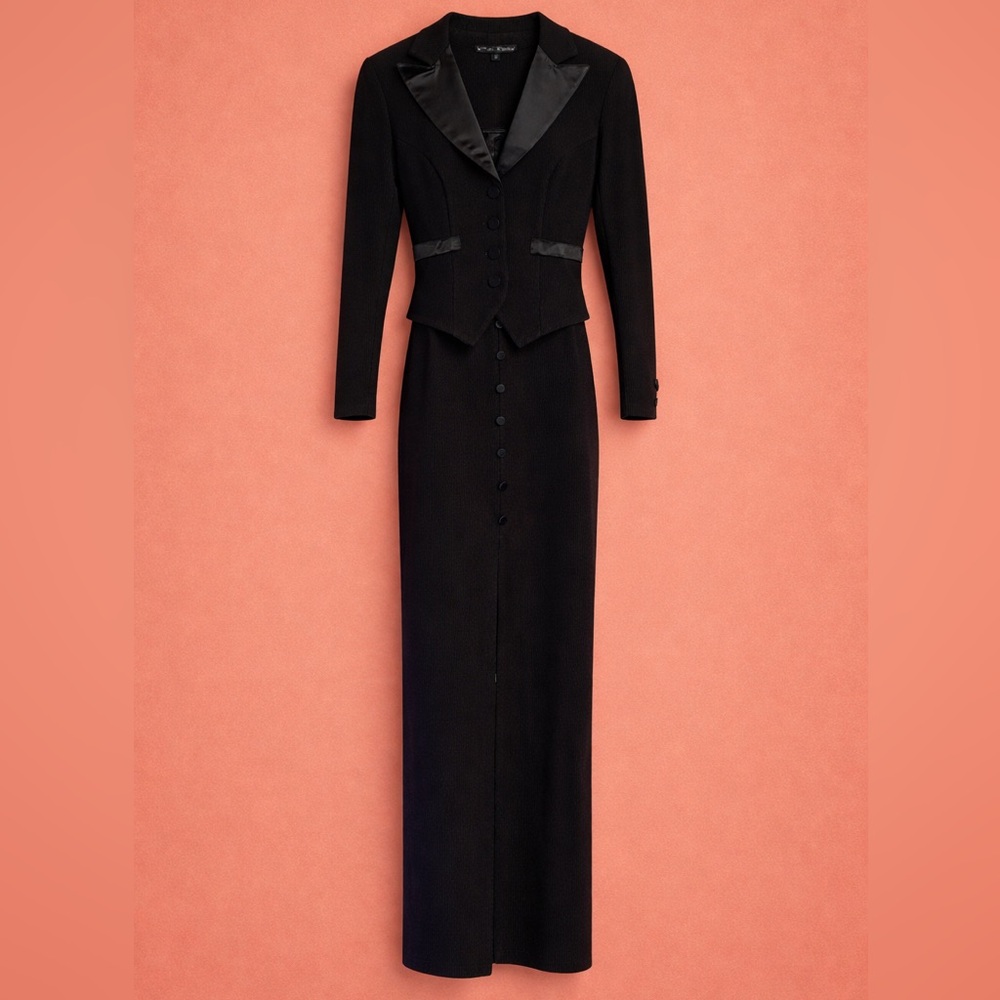 Fab - Vintage Betsey Johnson Black Fitted Ribbed Maxi w/Matching Tux Jacket - Picture 4 of 11